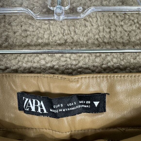 Zara Pants Womens Size Small Khaki High‎ Rise Faux Leather flare Full Length - Picture 8 of 12